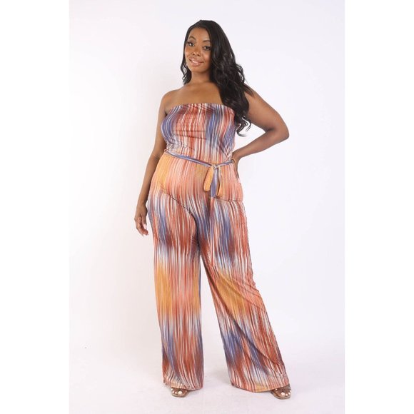 Boutique Pants - PLUS SIZE Sexy Printed Tube Jumpsuit With Self Belt Summer Off Shoulder